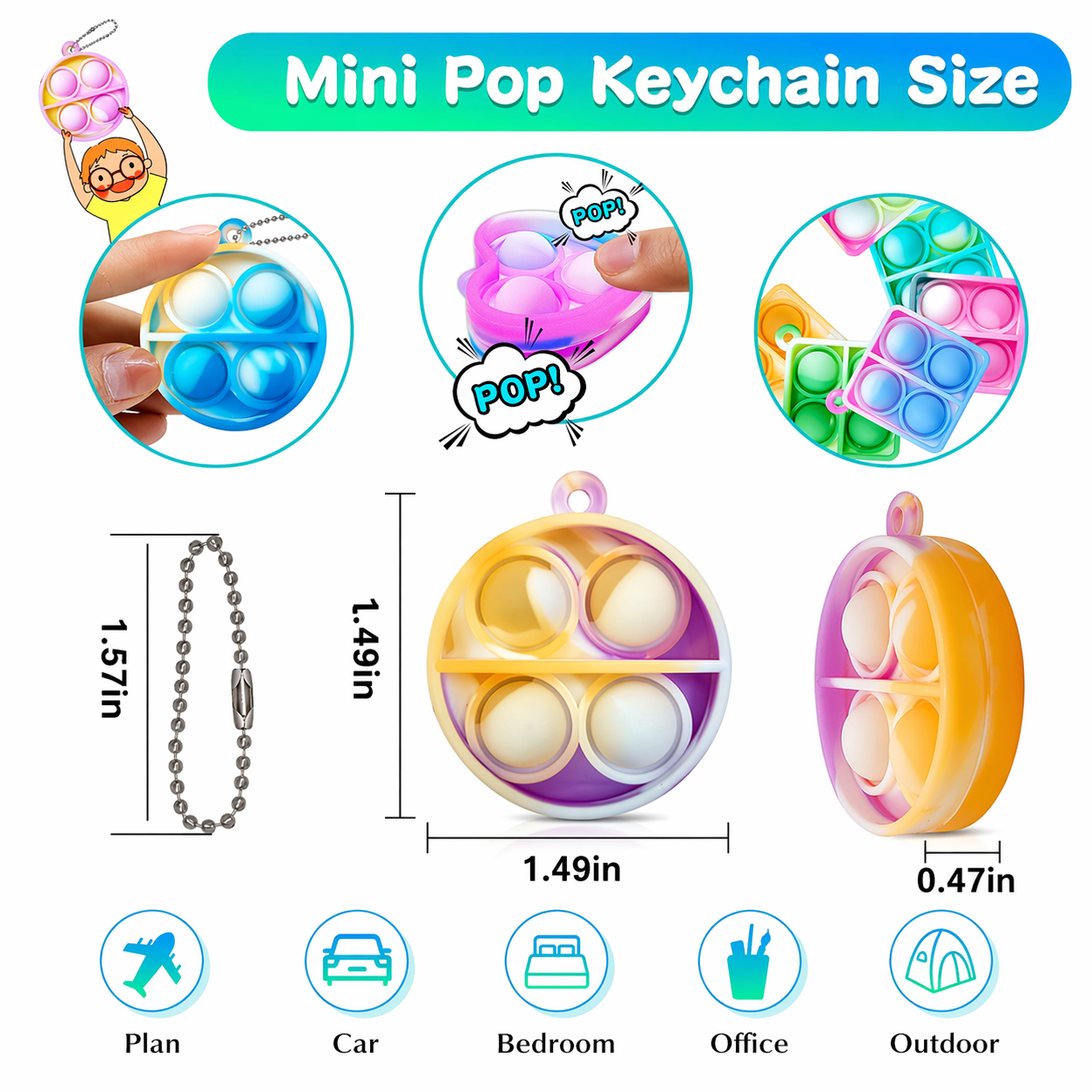 Set of 3 Mini Bubble Fidget Key Chain - Sensory Toy