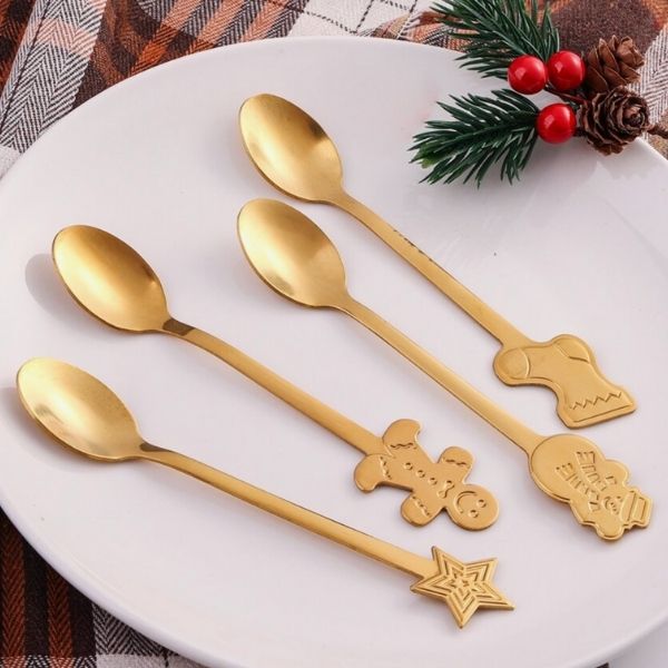 Set of 4 Gold Christmas Spoons