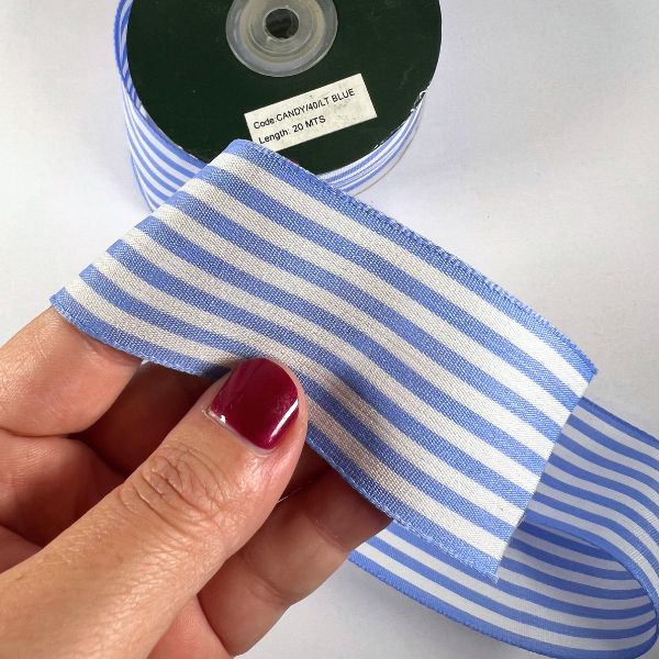 Candy Tafetta Stripe Ribbon- Light Blue, 40mm x 20m