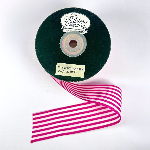 Candy Tafetta Stripe Ribbon- Berry, 40mm x 20