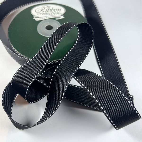 Black Petersham Saddle Stitch Ribbon, 25mm x 20m