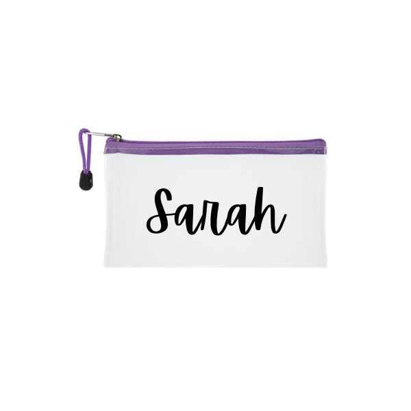 Transparent Personalised Pencil Bag, 22cm with coloured zip- Purple