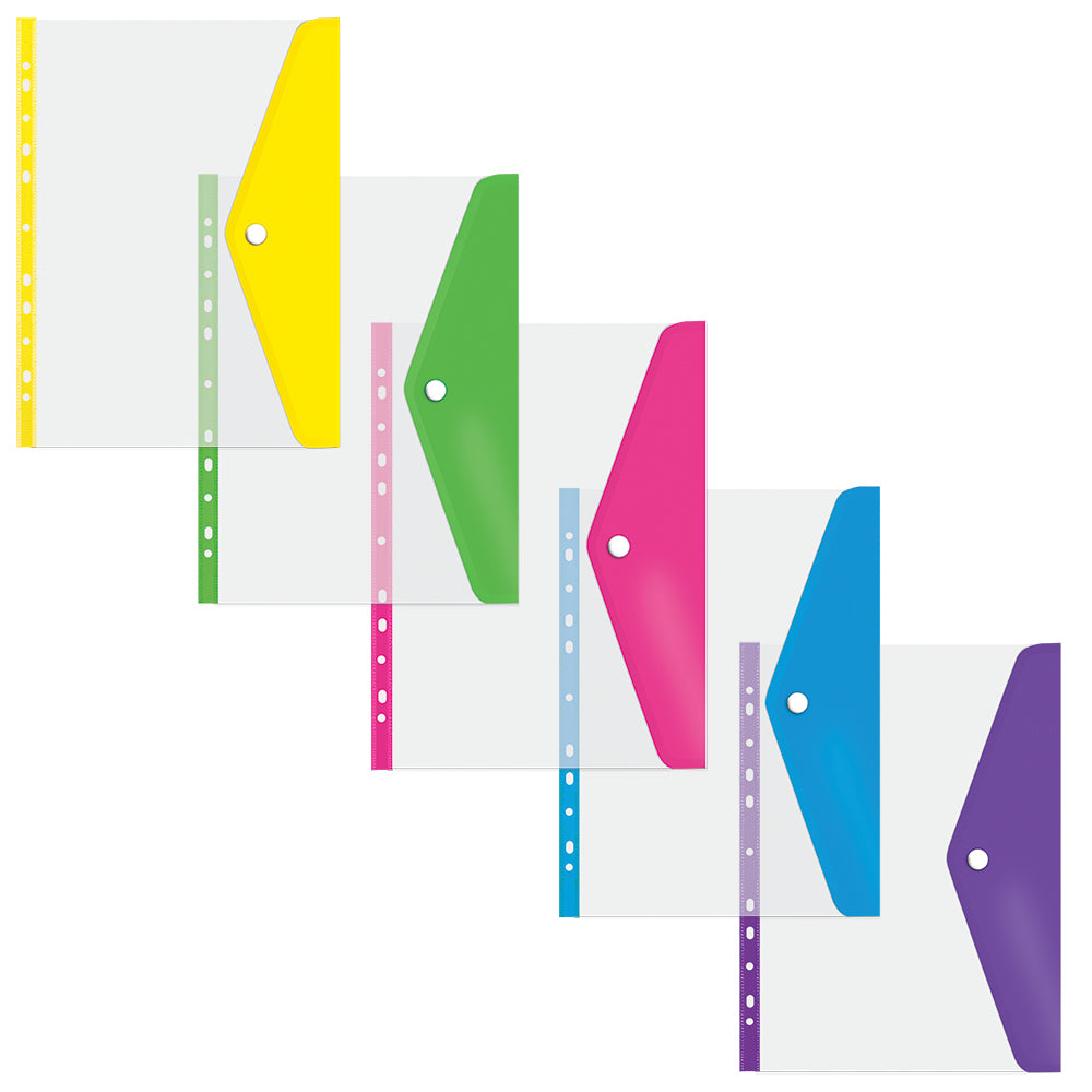 transparent A4 filing carry folders with stud closures in assorted colours