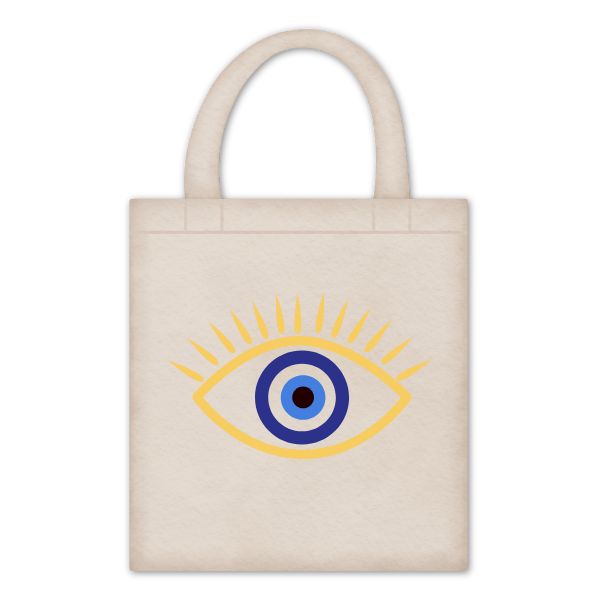 Beige tote bag with a blue and yellow eye design on a white background