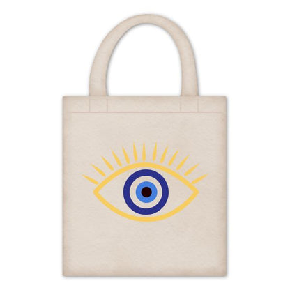 Beige tote bag with a blue and yellow eye design on a white background