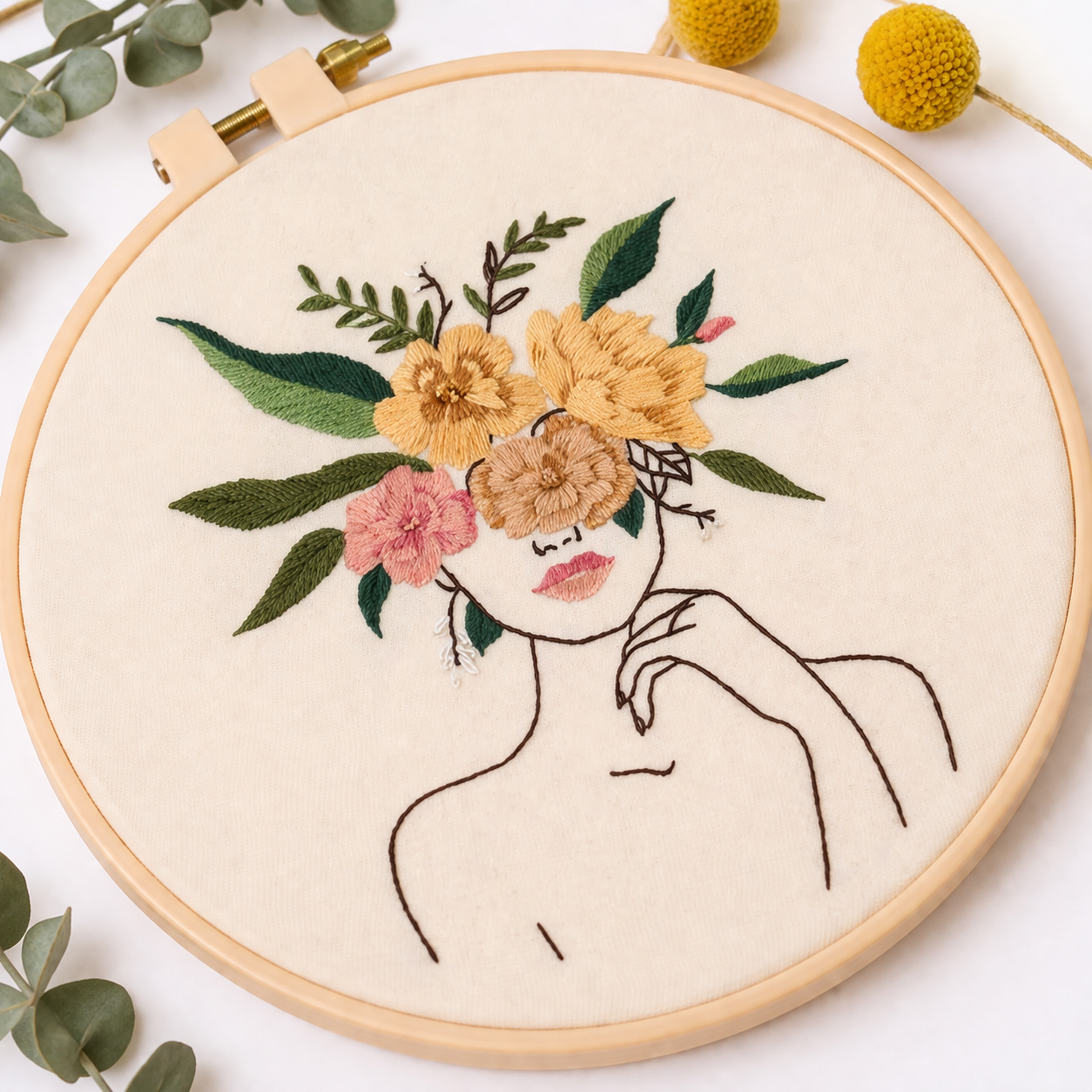 Floral Face Embroidery Kit – Hand Embroidery Hoop Art Craft Kit