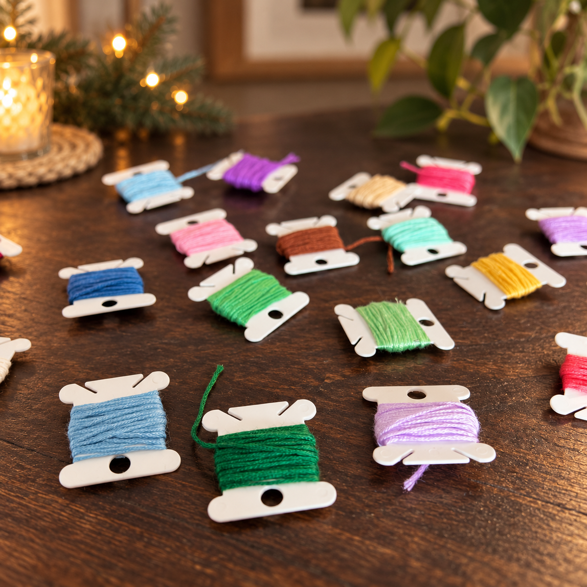Multiple small spools of embroidery thread in assorted colors arranged on a dark wooden tabletop, with a softly blurred holiday candle and plant in the background.
