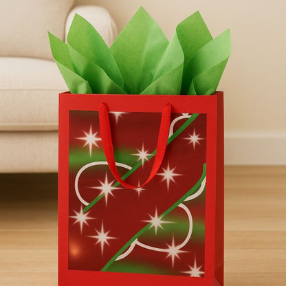 Christmas Gift Bag - Red with stars and Green Tissue Paper (30 × 40 cm)