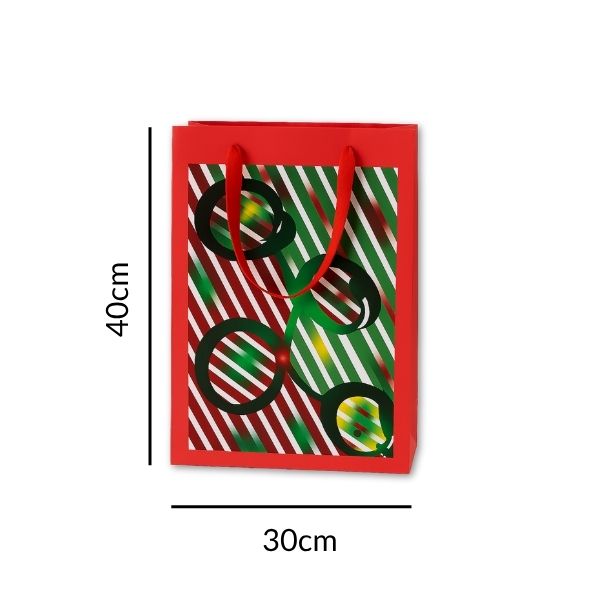 Christmas Gift Bag - Red with stripes and Green Tissue Paper (30 × 40 cm)
