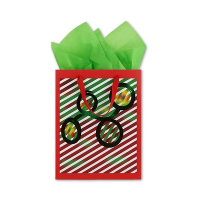 Christmas Gift Bag - Red with stripes and Green Tissue Paper (30 × 40 cm)