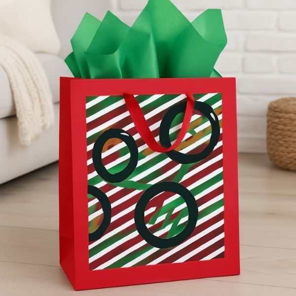Christmas Gift Bag - Red with stripes and Green Tissue Paper (30 × 40 cm)